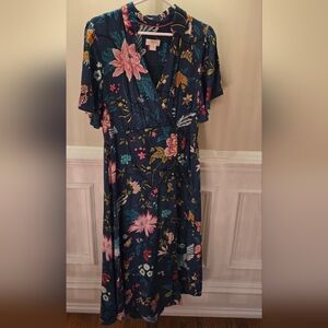 Anthropologie Turquoise Floral Dress with Pink and Green